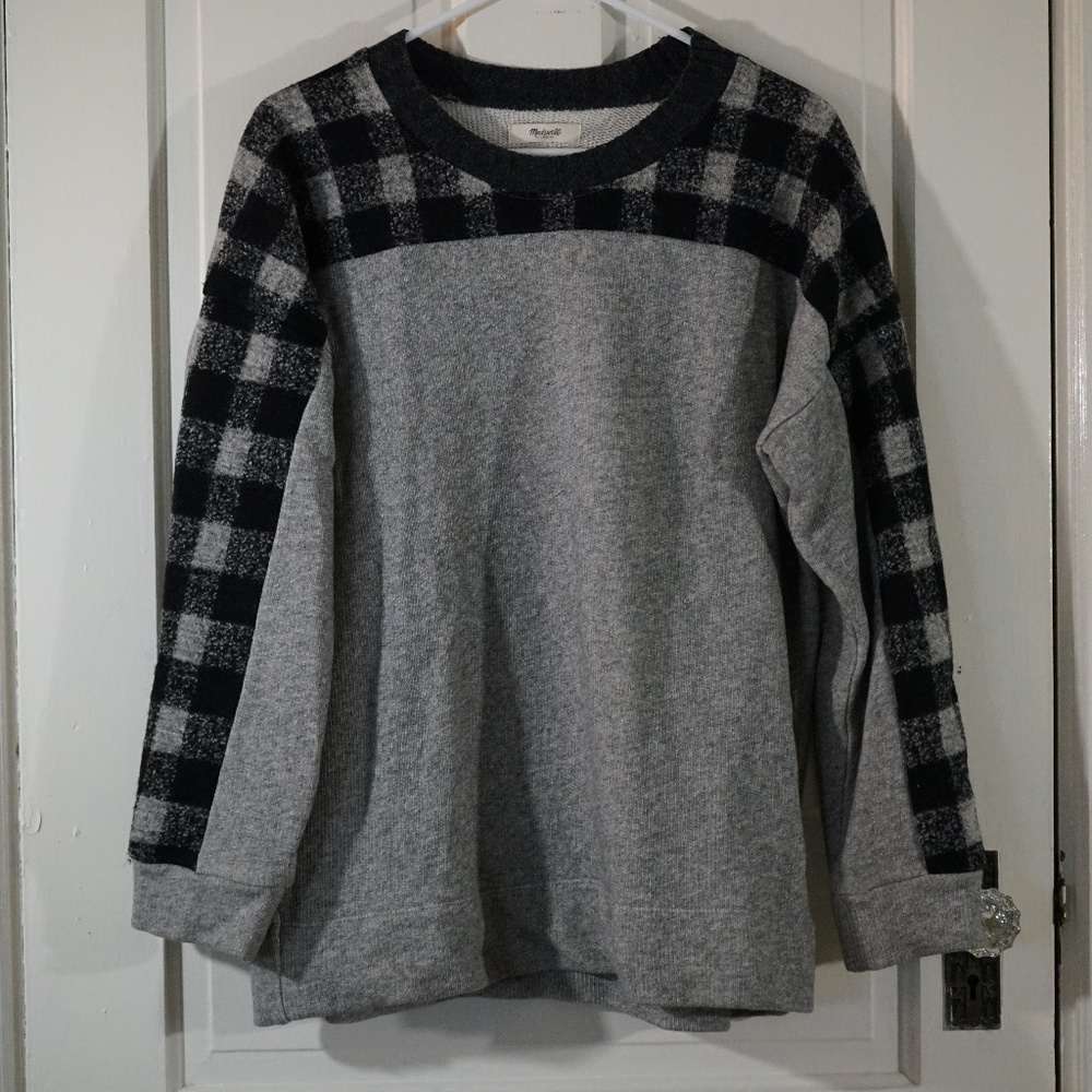 Madewell Checked Sleeve Crew Neck Sweater